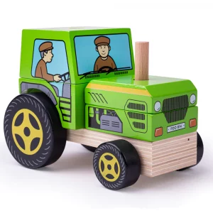 Детски дървен пъзел с кубчета Трактор Bigjigs